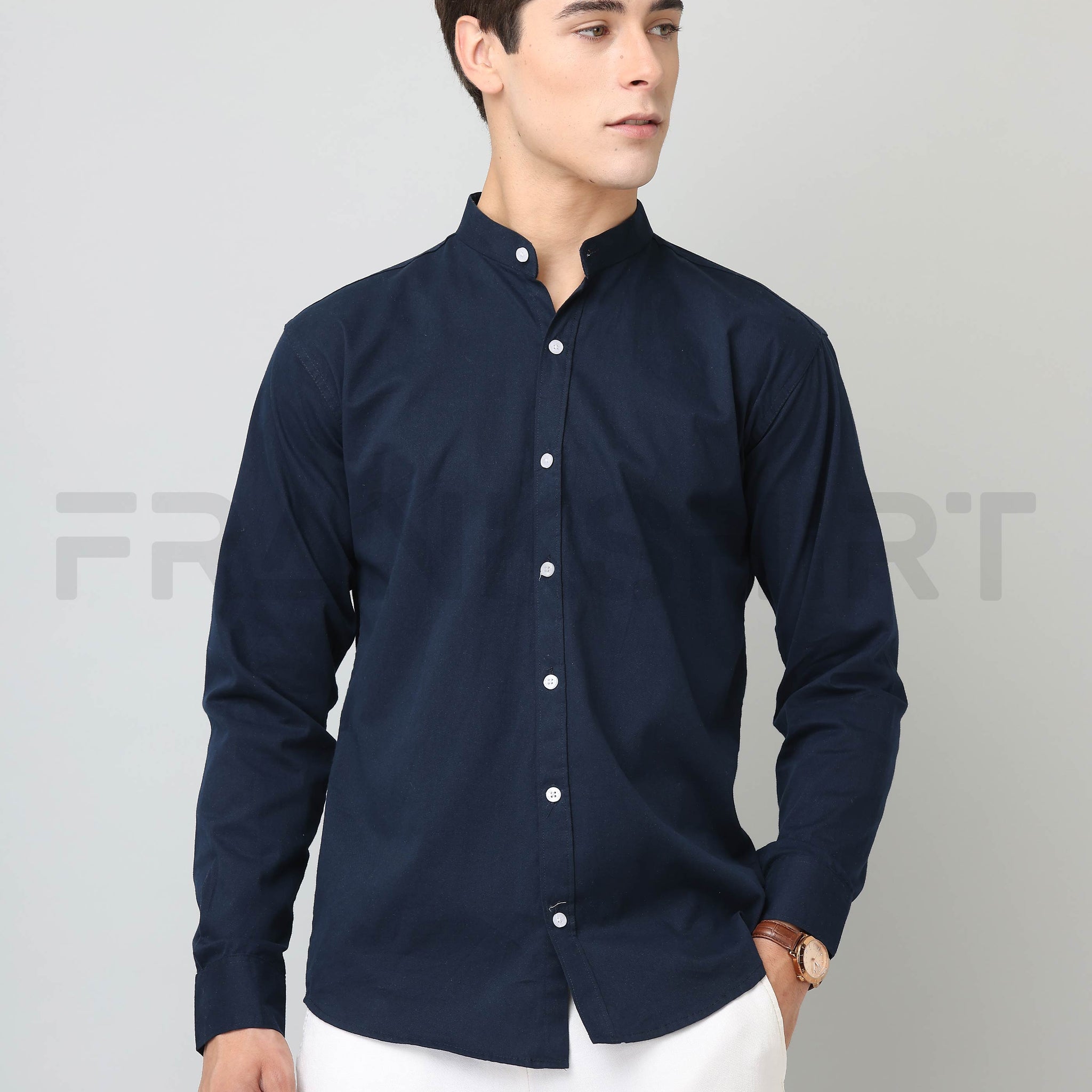 Frankshirt Chinese Collar Navy Blue Solid Tailored Fit Cotton Casual Shirt for Man