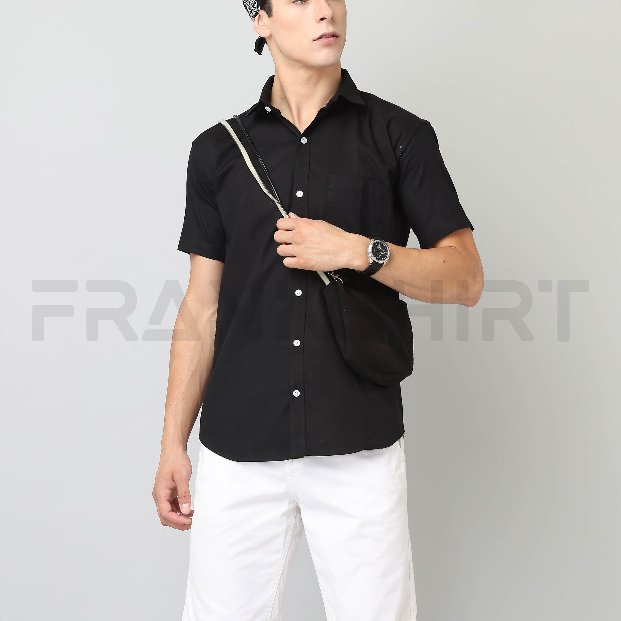 Frankshirt Half Sleeve Black Tailored Fit Cotton Casual Shirt for Man