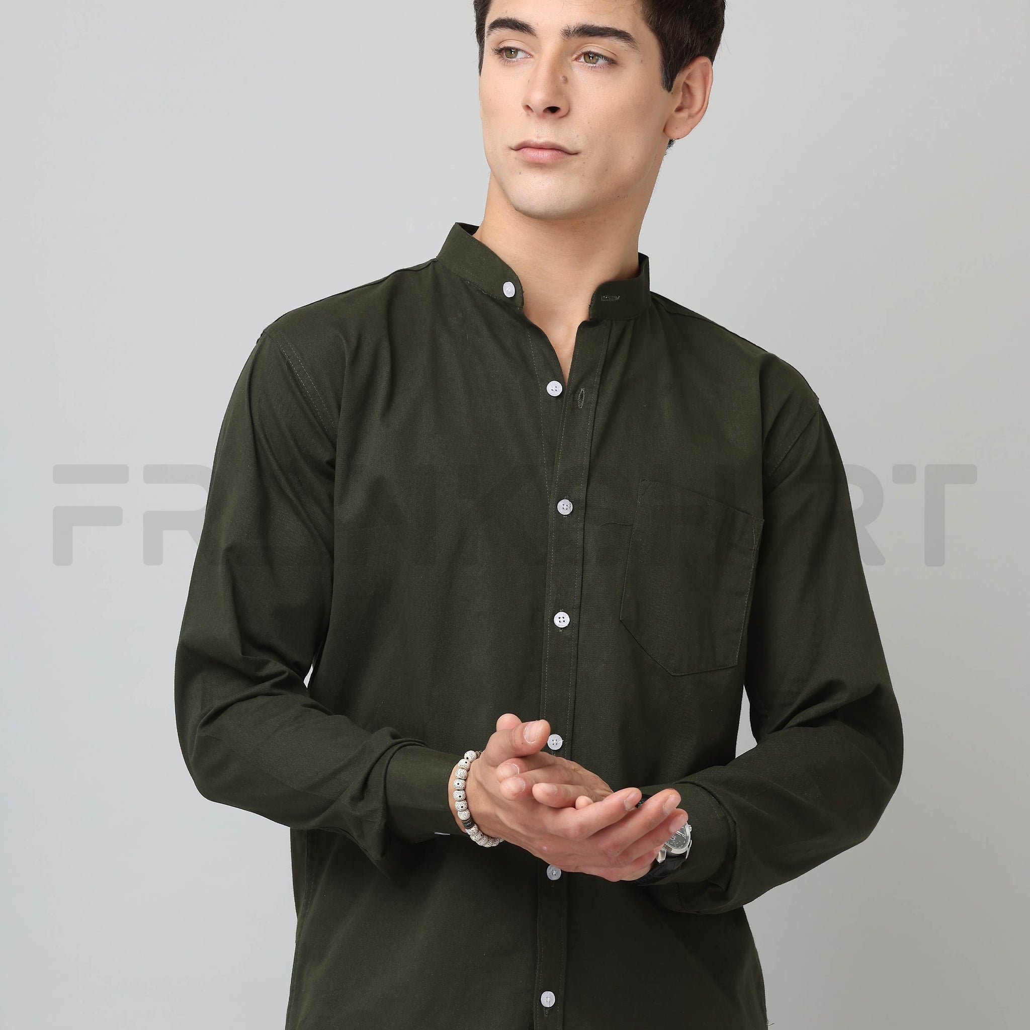 Frankshirt Chinese Collar Bottle Green Tailored Fit Cotton Casual Shirt for Man