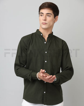 Frankshirt Chinese Collar Bottle Green Tailored Fit Cotton Casual Shirt for Man