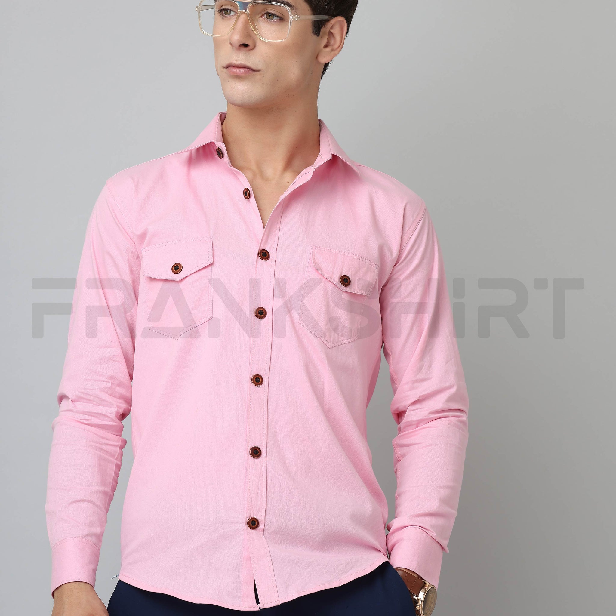 Frankshirt Double Pocket Pink Solid Tailored Fit Cotton Casual Shirt for Man