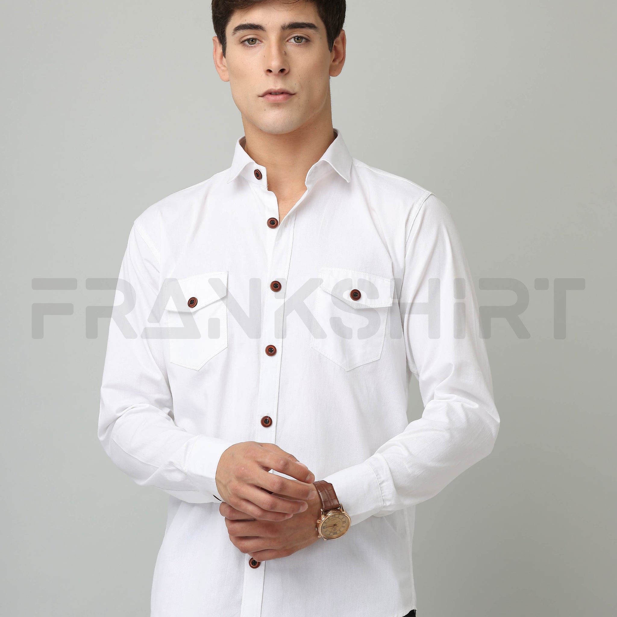 Frankshirt Double Pocket White Solid Tailored Fit Cotton Casual Shirt for Man