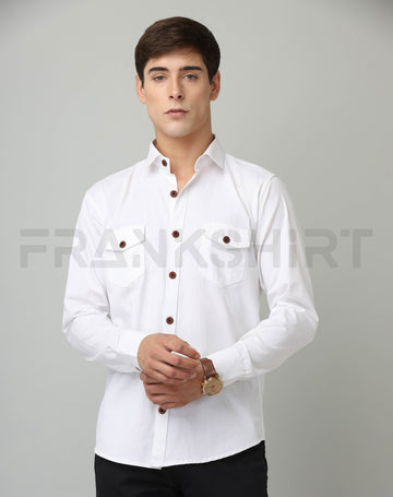 Frankshirt Double Pocket White Solid Tailored Fit Cotton Casual Shirt for Man