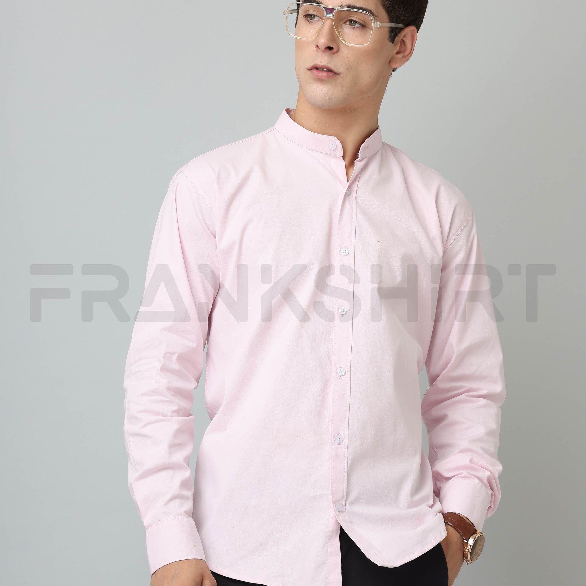 Frankshirt Chinese Collar Light Pink Tailored Fit Cotton Casual Shirt for Man