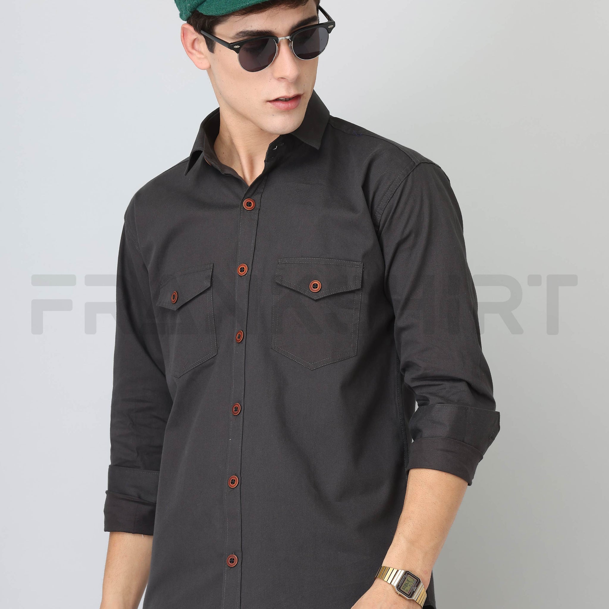 Frankshirt Double Pocket Dark Grey Solid Tailored Fit Cotton Casual Shirt for Man