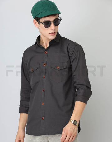 Frankshirt Double Pocket Dark Grey Solid Tailored Fit Cotton Casual Shirt for Man