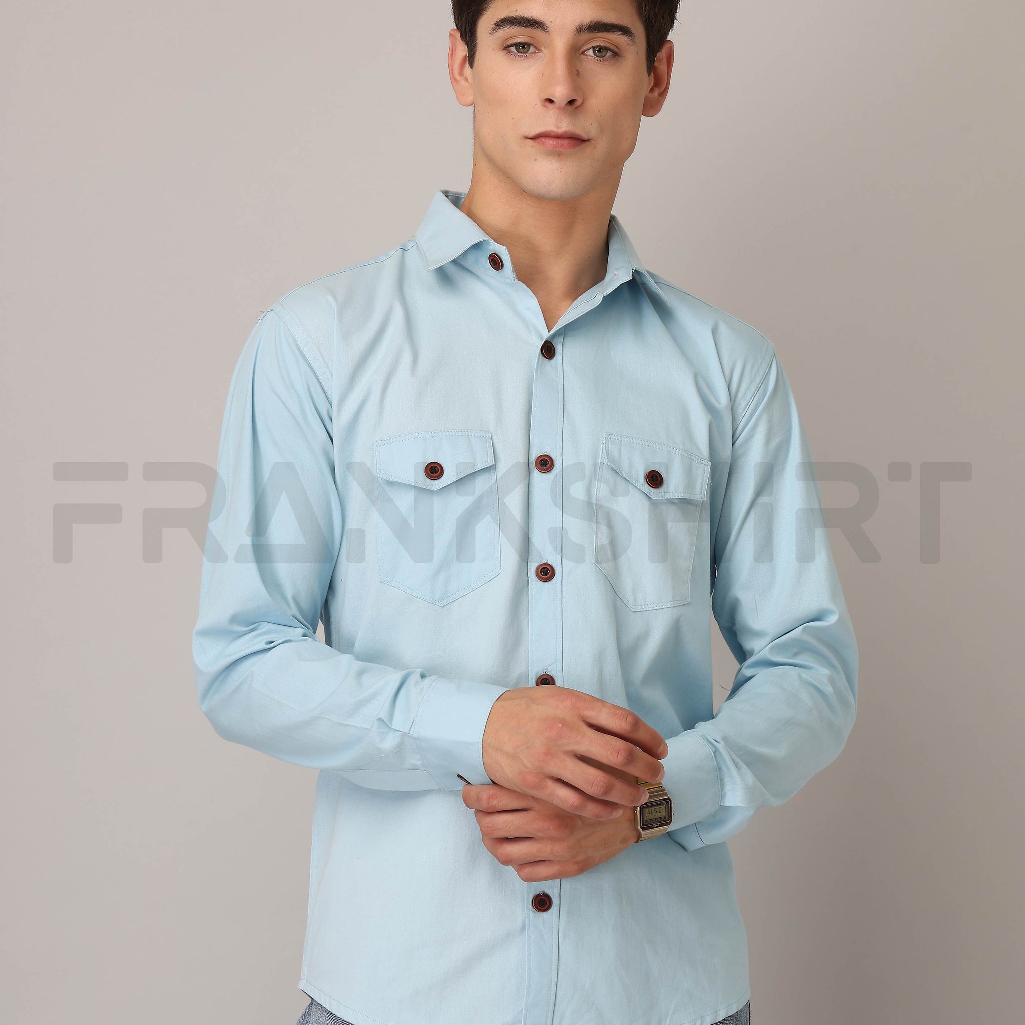 Frankshirt Double Pocket Light Blue Solid Tailored Fit Cotton Casual Shirt for Man