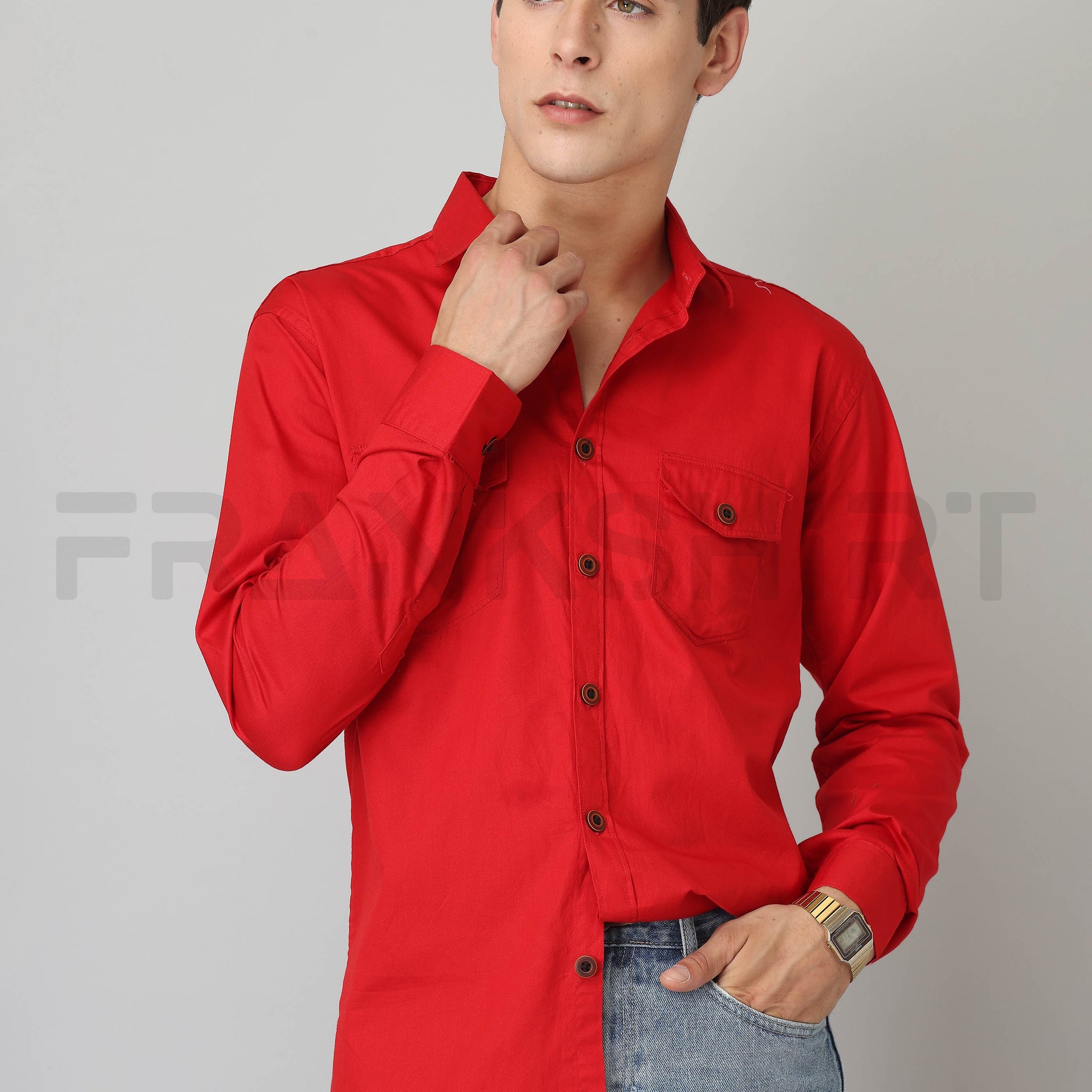 Frankshirt Double Pocket Red Solid Tailored Fit Cotton Casual Shirt for Man