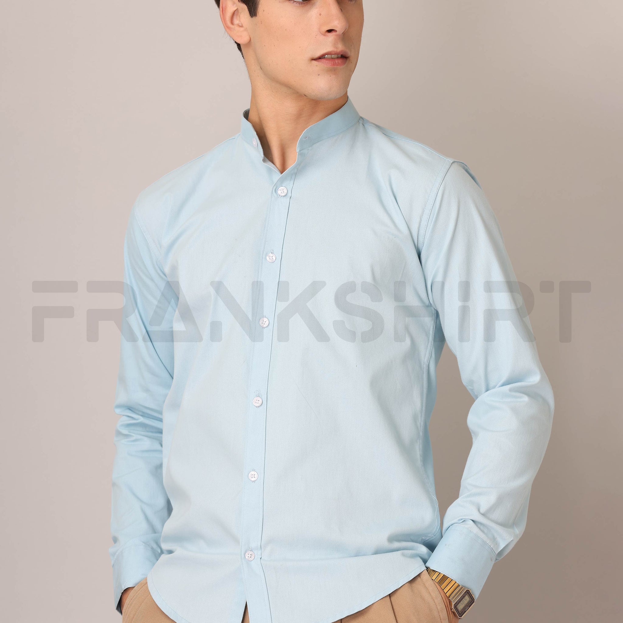 Frankshirt Chinese Collar Light Blue Tailored Fit Cotton Casual Shirt for Man