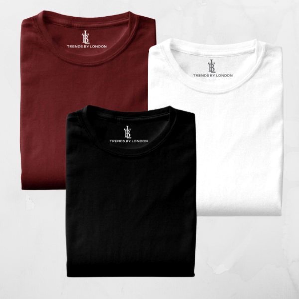 Pack of 3 Half Sleeves T-Shirts for Men 180 GSM (Maroon, White and Black )