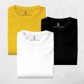 Pack of 3 Half Sleeves T-Shirts for Men 180 GSM (Mustard,Black and White)