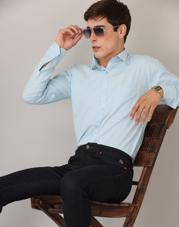 Frankshirt Light Blue Solid Tailored Fit Cotton Casual Shirt for Man