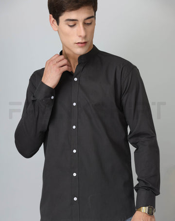 Frankshirt Chinese Collar Black Solid Tailored Fit Cotton Casual Shirt for Man